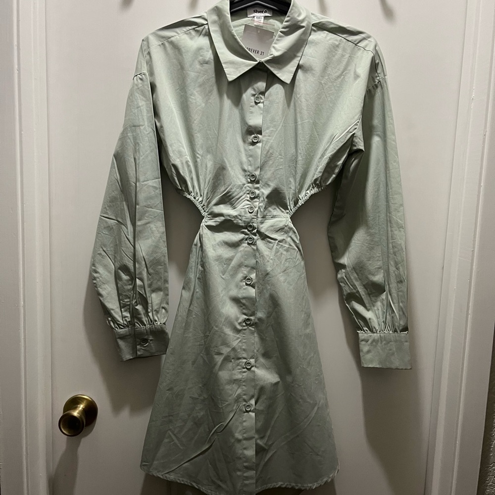 NWT Cutout Shirt Dress Forever 21 Long Sleeve with Dropped Shoulder Sage color